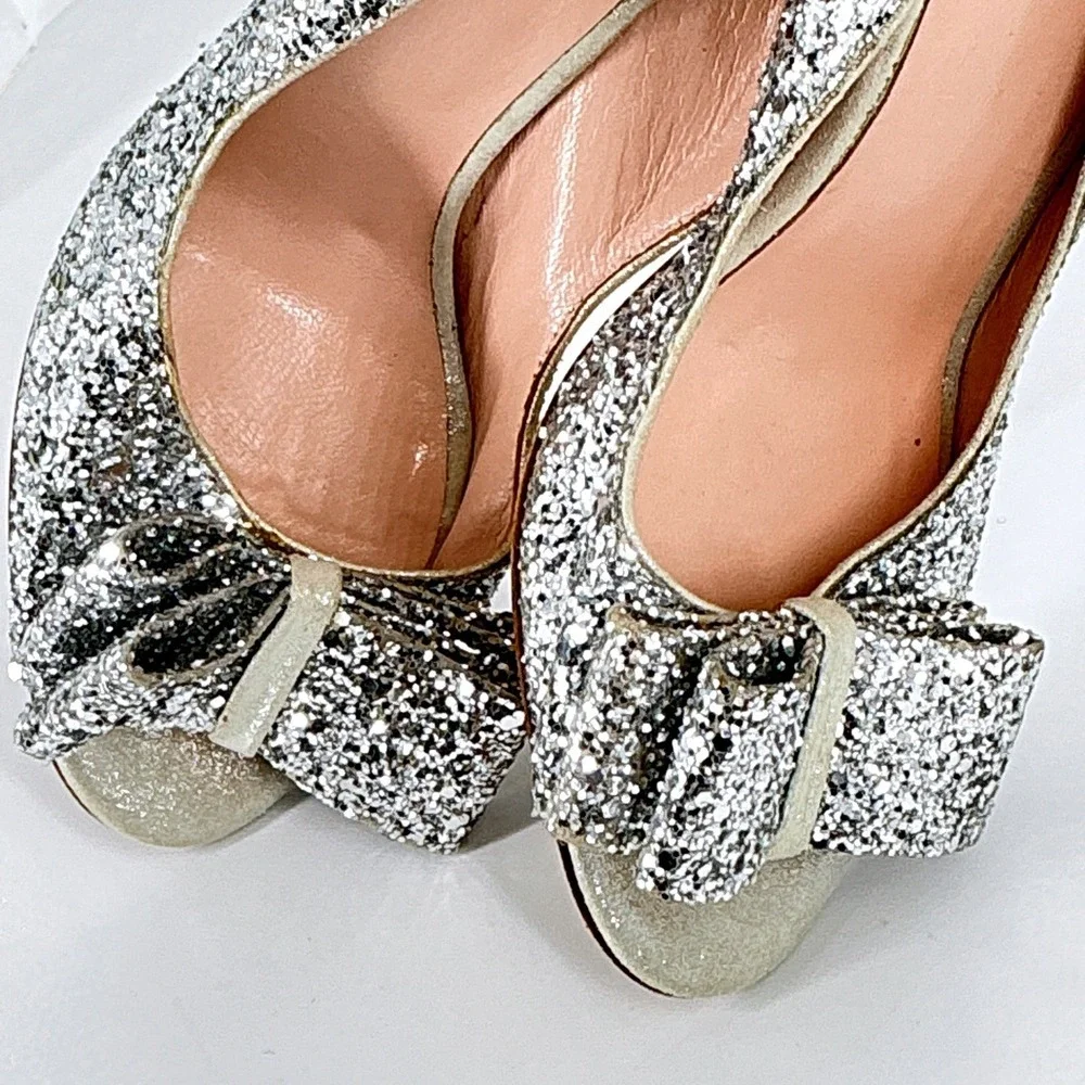 Kate Spade New York‎ Size 5 Silver Glitter Bow Slingback Heels Weddding Bridal
